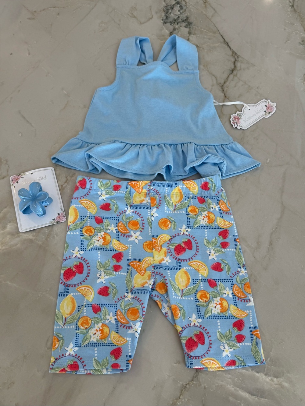 Light Blue Ruffle Tank & Fruit-Print Capri Leggings Set - Kids